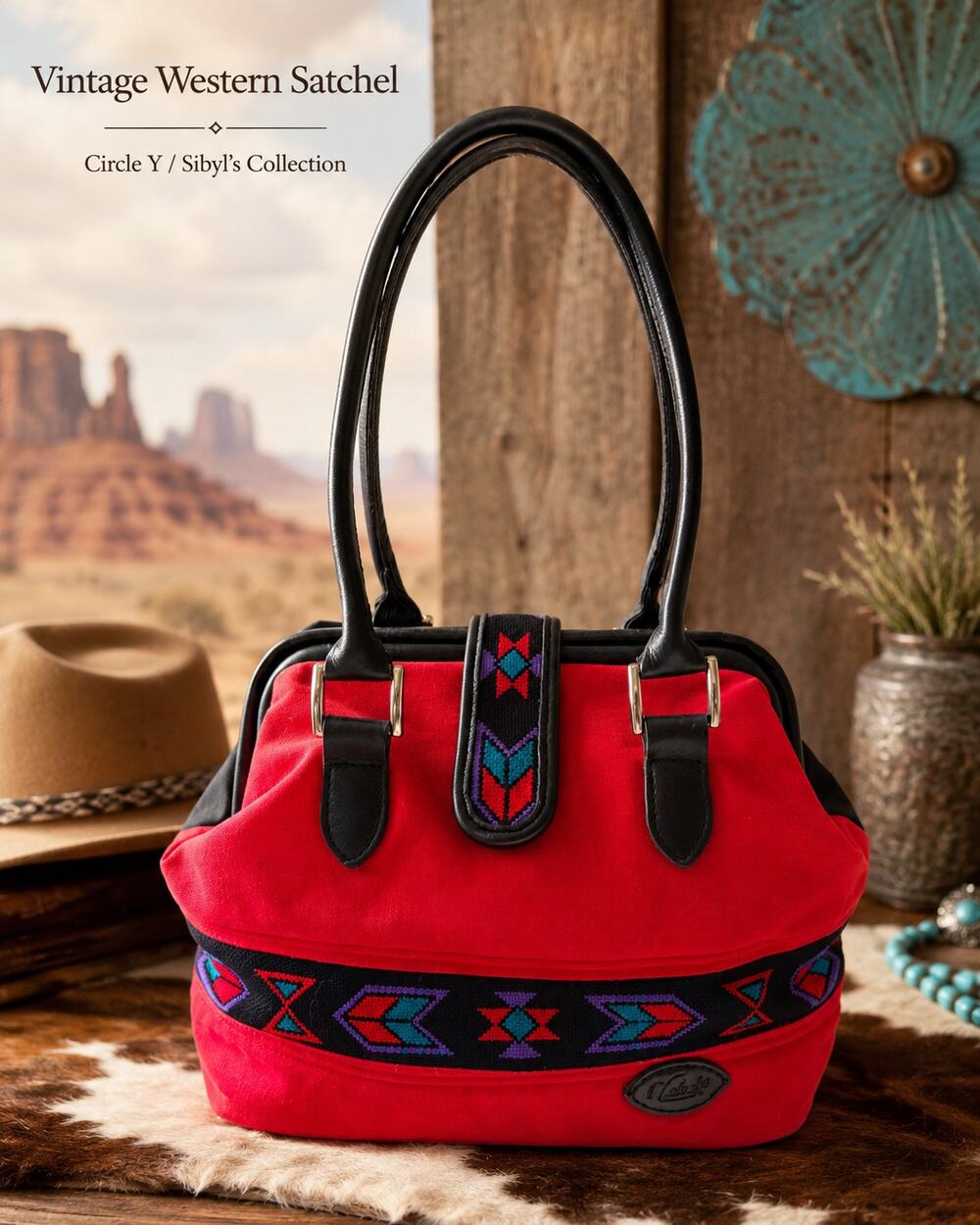 Vintage Circle Y Sibyl’s Collection Red Canvas Southwestern Satchel Handbag